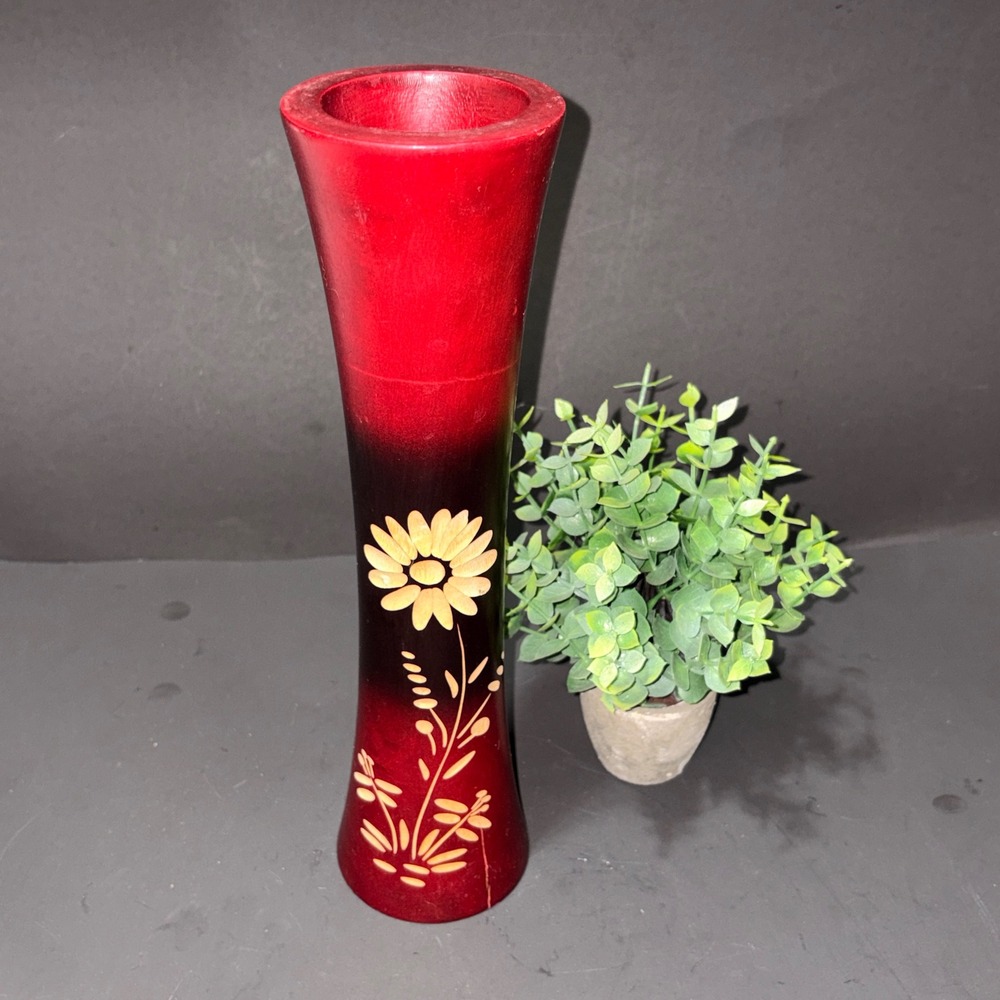 Hand Carved Wooden Bud Vase Red Black Ombre Floral Etched Daisy 11.75 Inch